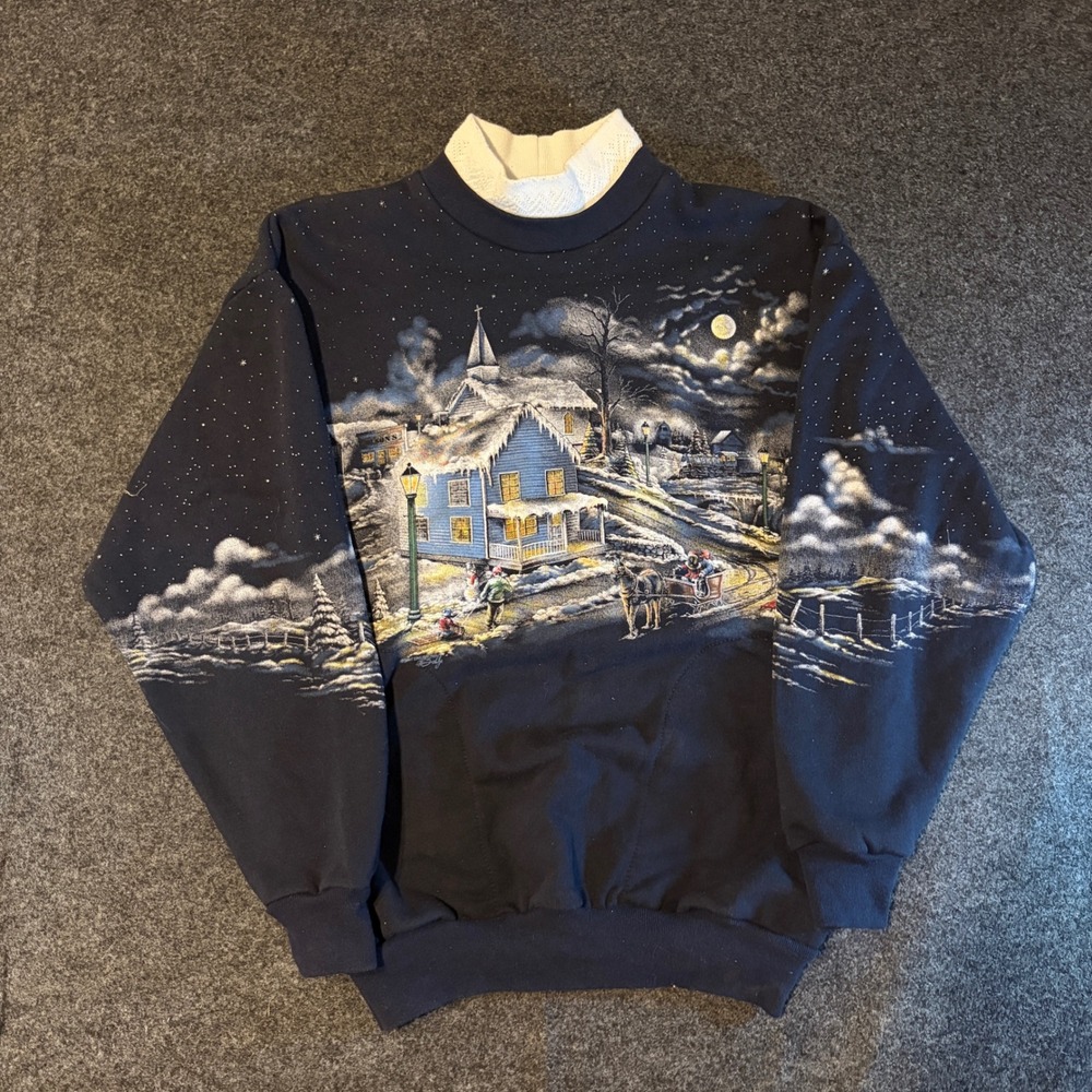Art Unlimited Vintage Winter Scene Sweatshirt Mens M Navy Blue Double Collar